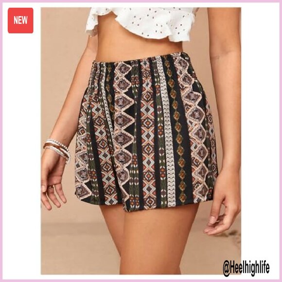 Women's Elastic Waist Tribal Print Beach Shorts Summer Casual - Picture 4 of 7